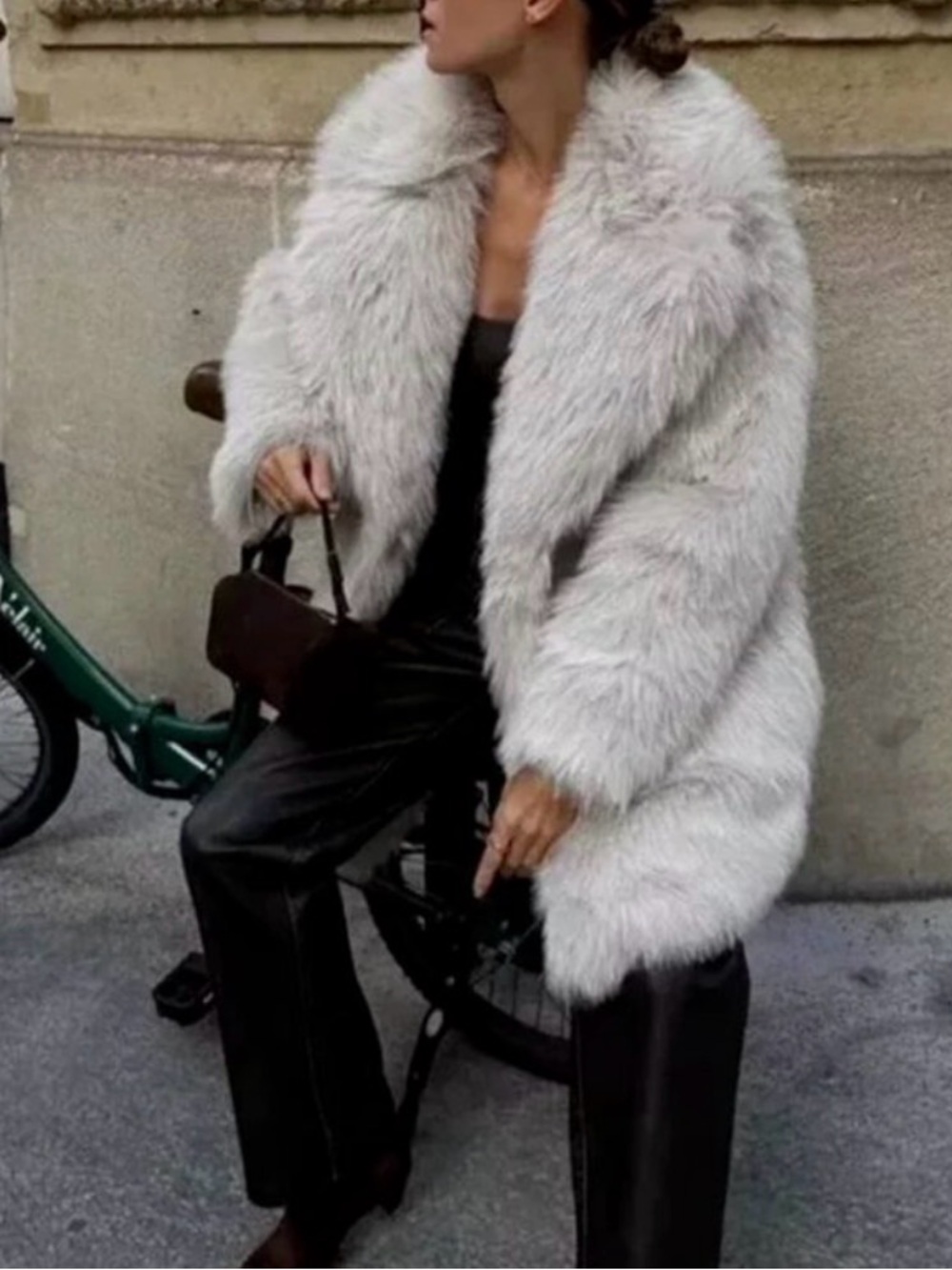 Zara Plush Faux Fur Coat in Light Gray